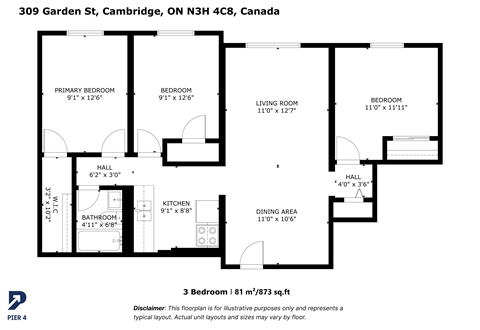 Floor plan for 3 beds, 1 bath
